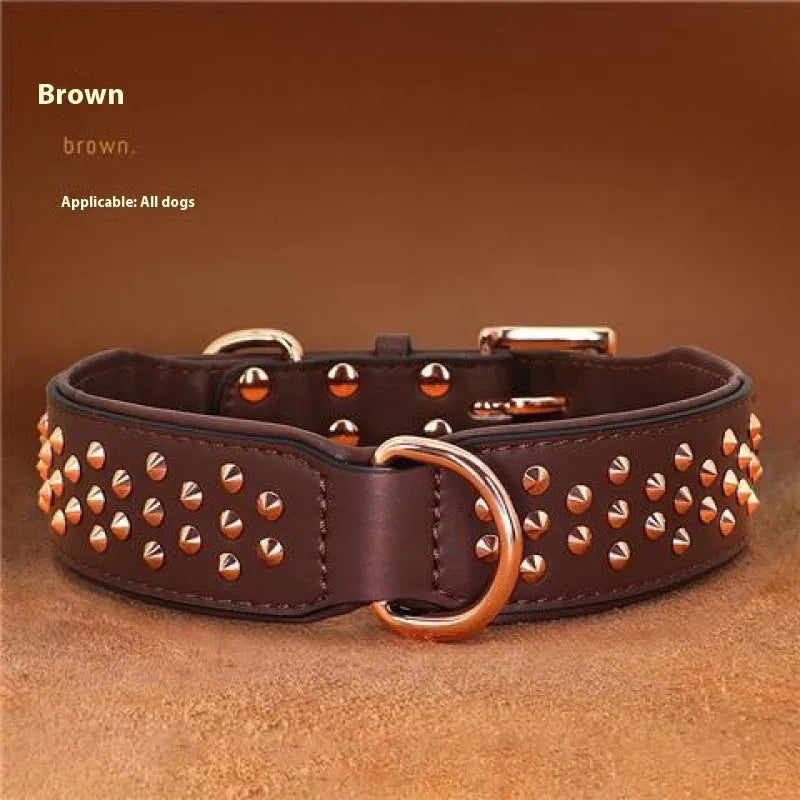 A brown leather dog collar with a row of shiny brass anti-bite rivets and a metal D-ring.