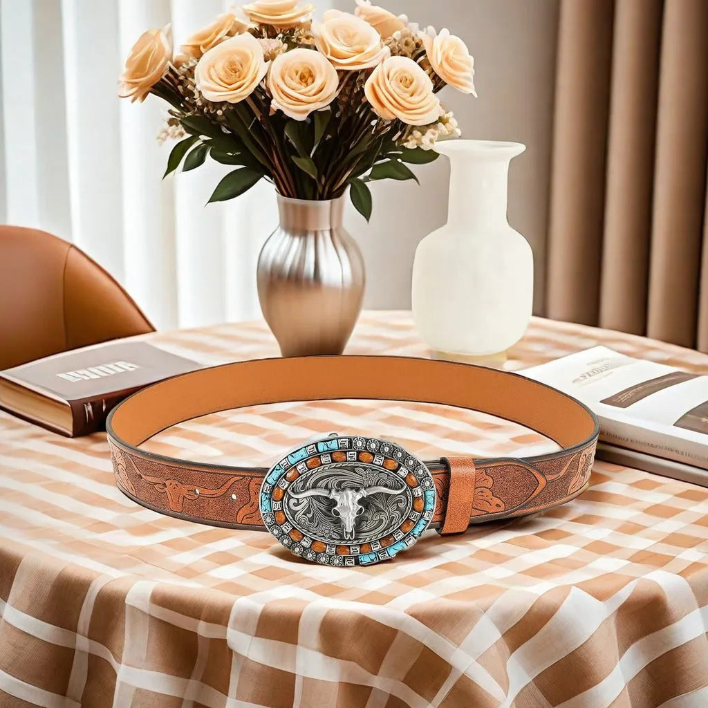 Men's brown imitation leather belt with a detailed silver alloy cow head buckle and pin buckle fastening.