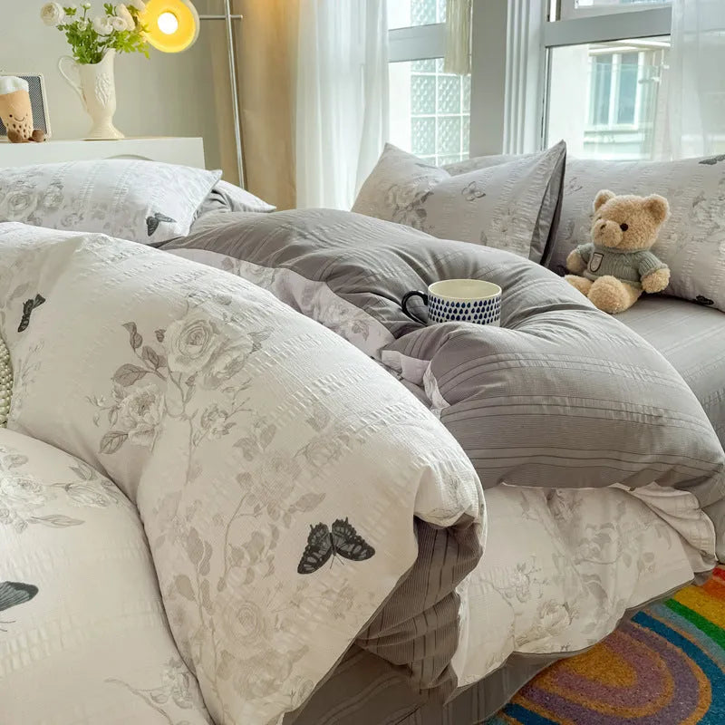 Chemical fibre bed sheet set with aerobic jacquard cloud yarn cotton in Butterfly Dance rose colour