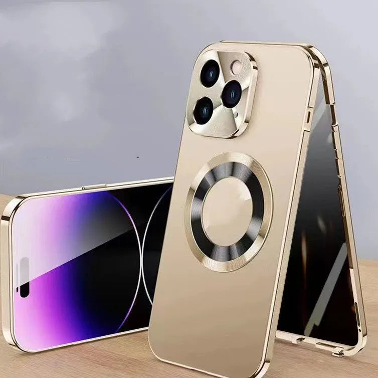 Magnetic iPhone case with anti-peep metal clip in black, blue, gold, purple, and silver colour options.