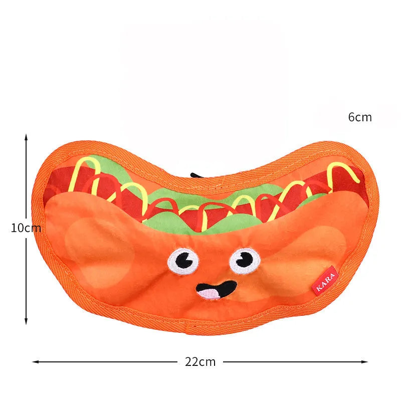 Colourful crinkle and squeak dog toy in a fast-food burger shape on a white background.