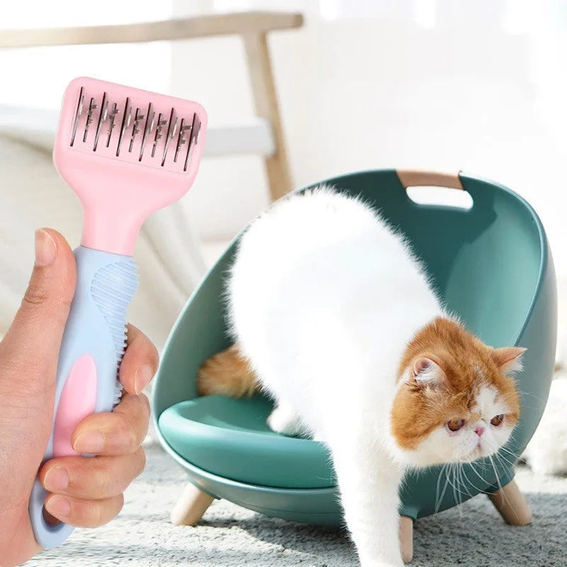 Pink and purple dog comb with stainless steel knot knife and massage brush for pet grooming