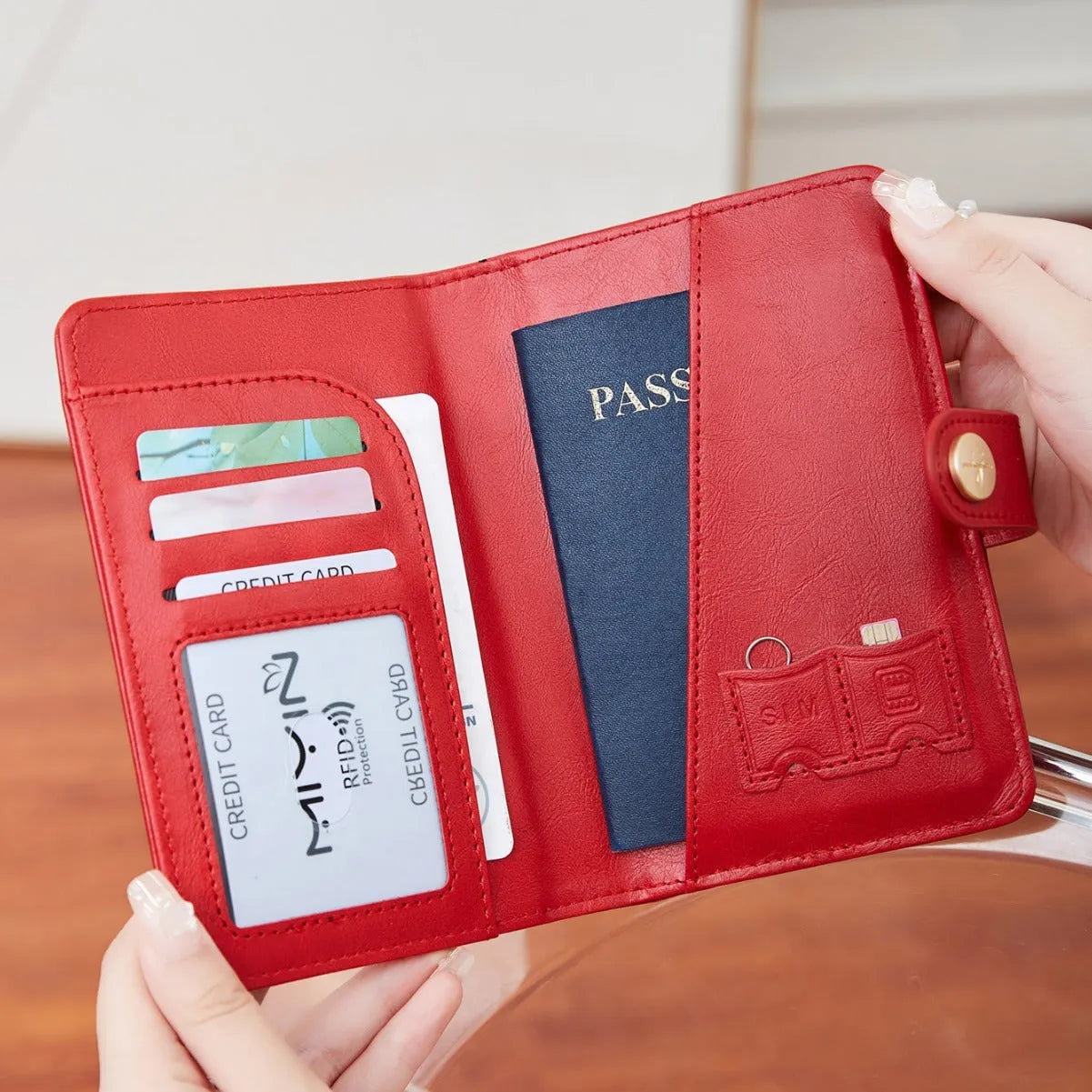PU passport holder wallet in multiple colours with zip closure and visible sewing detail.