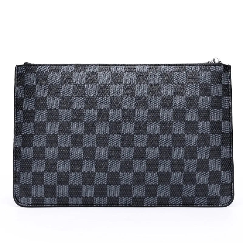 Men's black checkered PU leather clutch wallet showing six card slots and zipper pocket