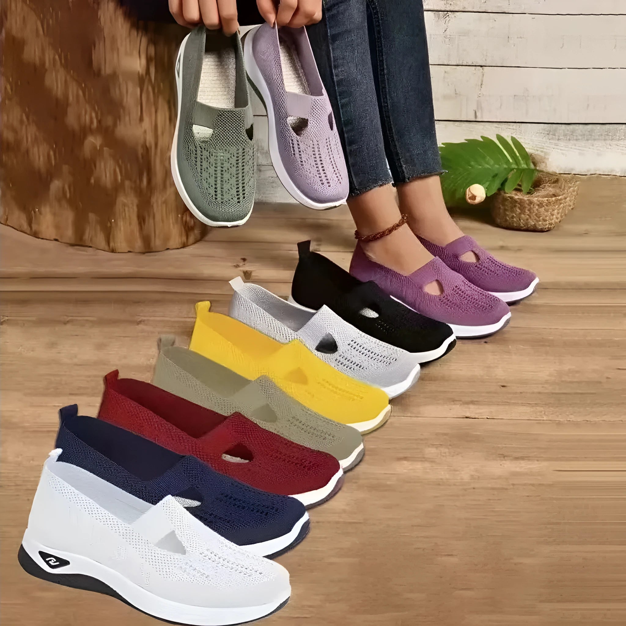 Women's casual flat mesh shoes with T-strap in assorted colours on soft PVC sole