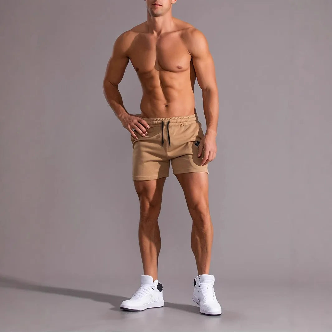 Men's khaki coconut print sports shorts with micro elasticity for summer athletic activities