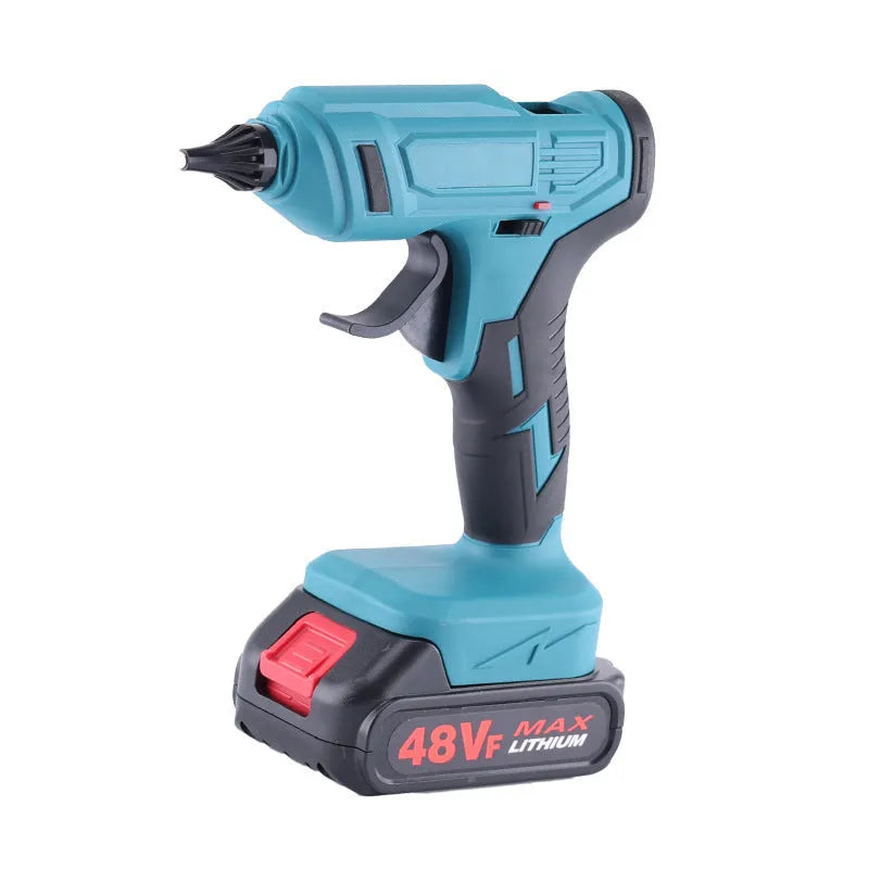 Cordless hot melt glue gun with two lithium batteries and pack of 11mm glue sticks