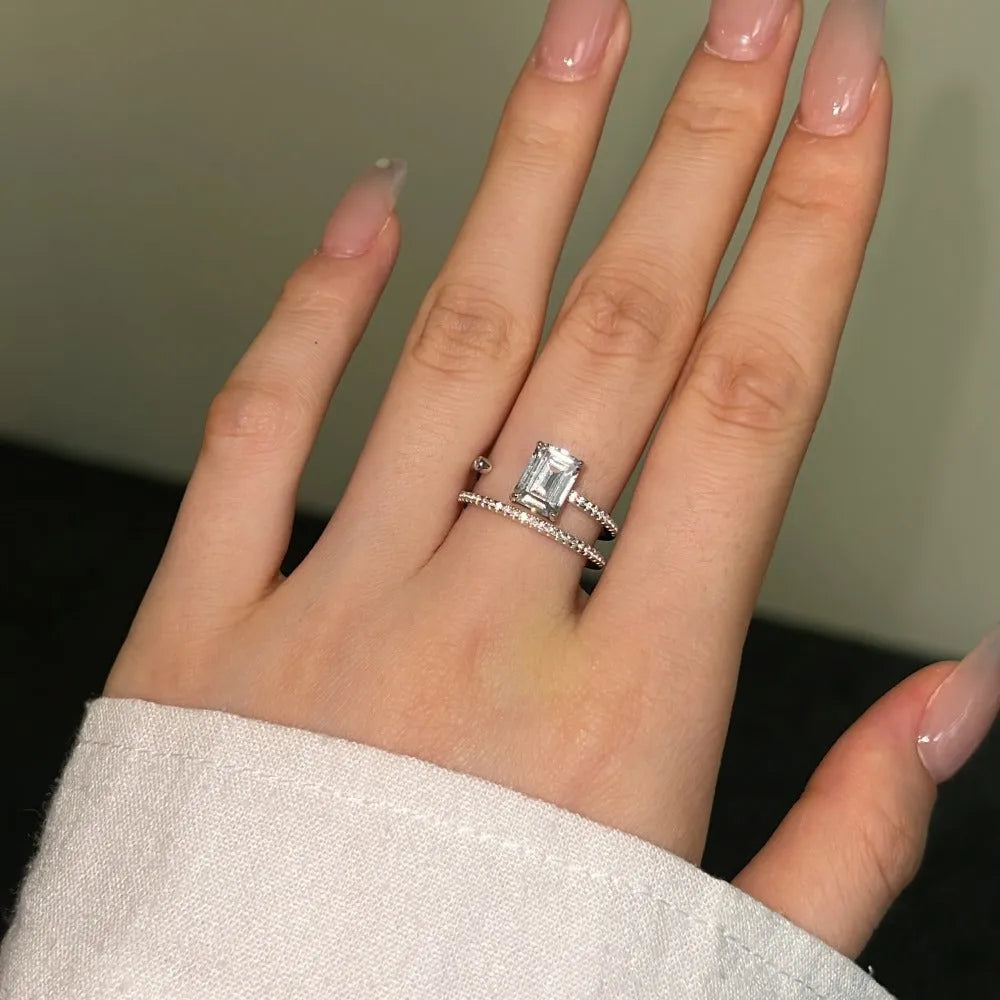 S925 sterling silver ring with rectangular chamfered zircon in platinum colour, hollow band, size No. 7