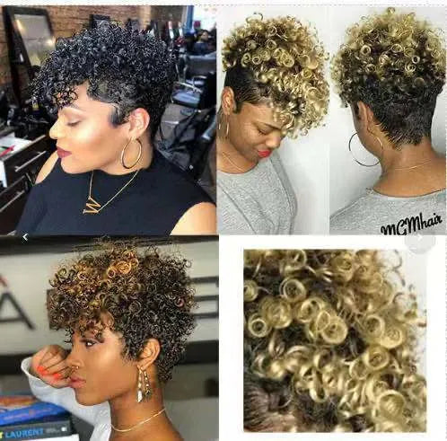 Short black synthetic wig with simple rolled hairstyle, made from Kanekalon fibre.
