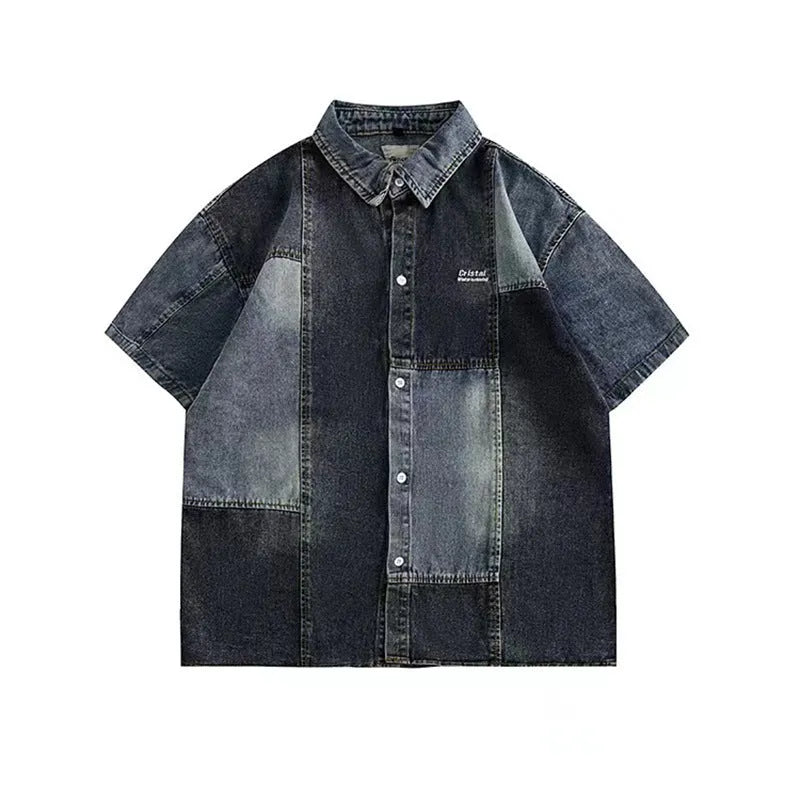 Blue men's Japanese-style retro denim shirt with washed stitching detail and loose cardigan fit