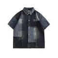 Blue men's Japanese-style retro denim shirt with washed stitching detail and loose cardigan fit