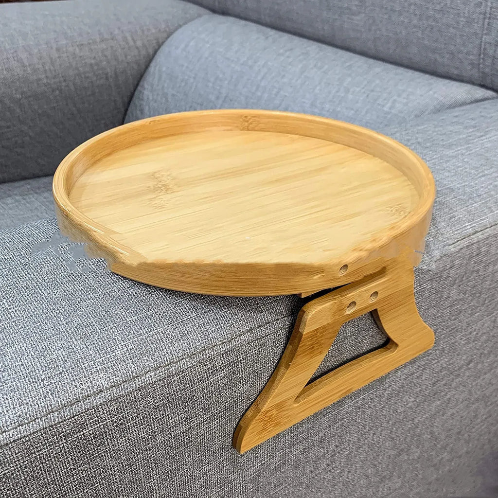 Wooden clip-on sofa armrest tray with carved surface in bamboo original colour