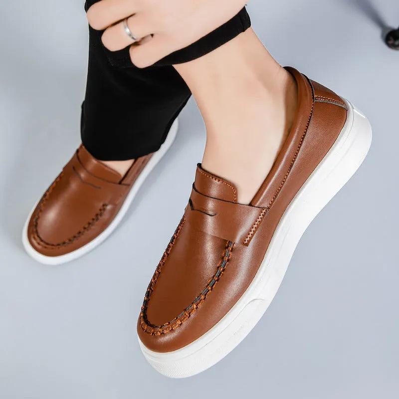 Men's round toe casual shoes in white, black and white, and khaki colours, showing the PU leather upper and oversleeve design.