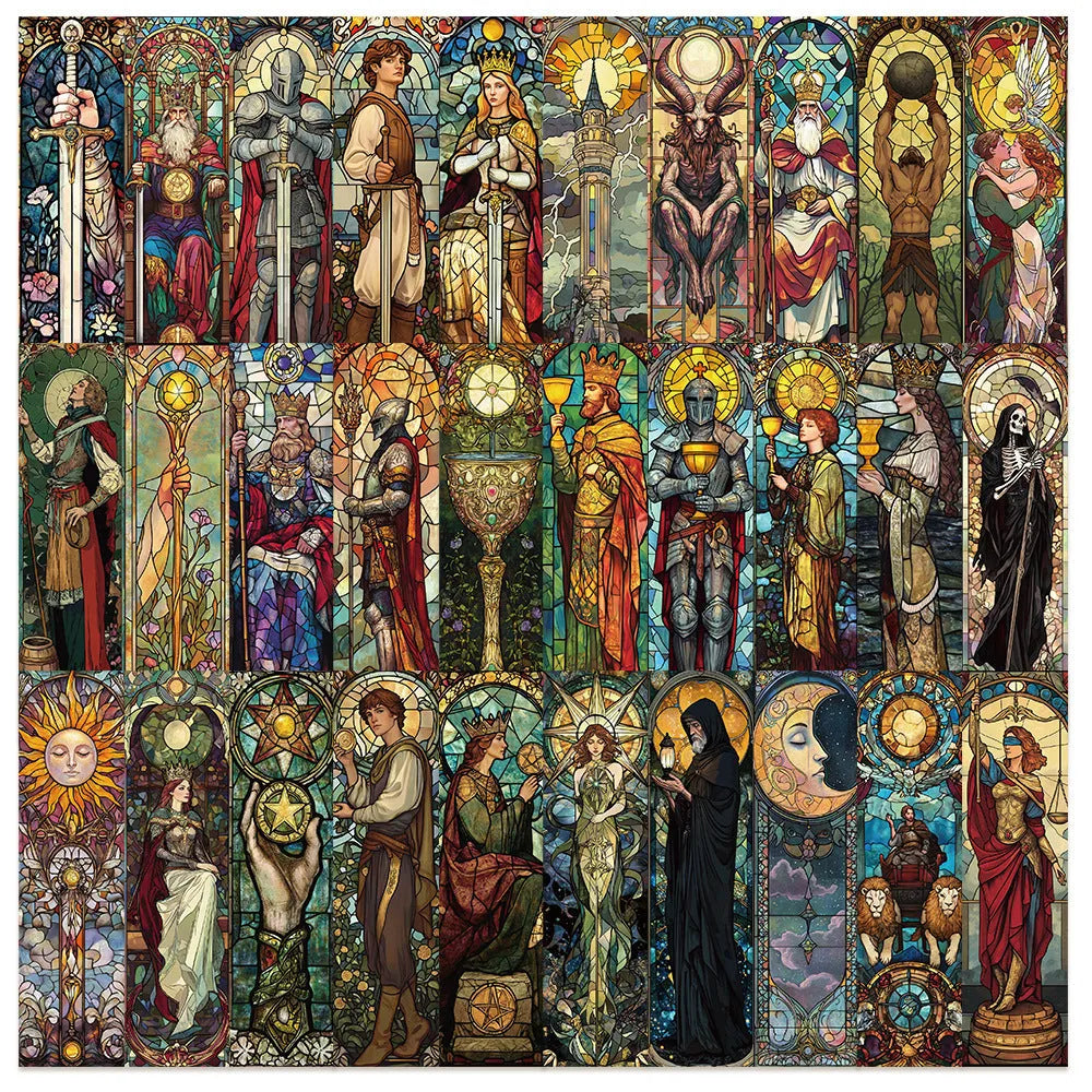 Set of 30 colourful painted glass tarot-themed paper bookmarks in a cute homemade style.