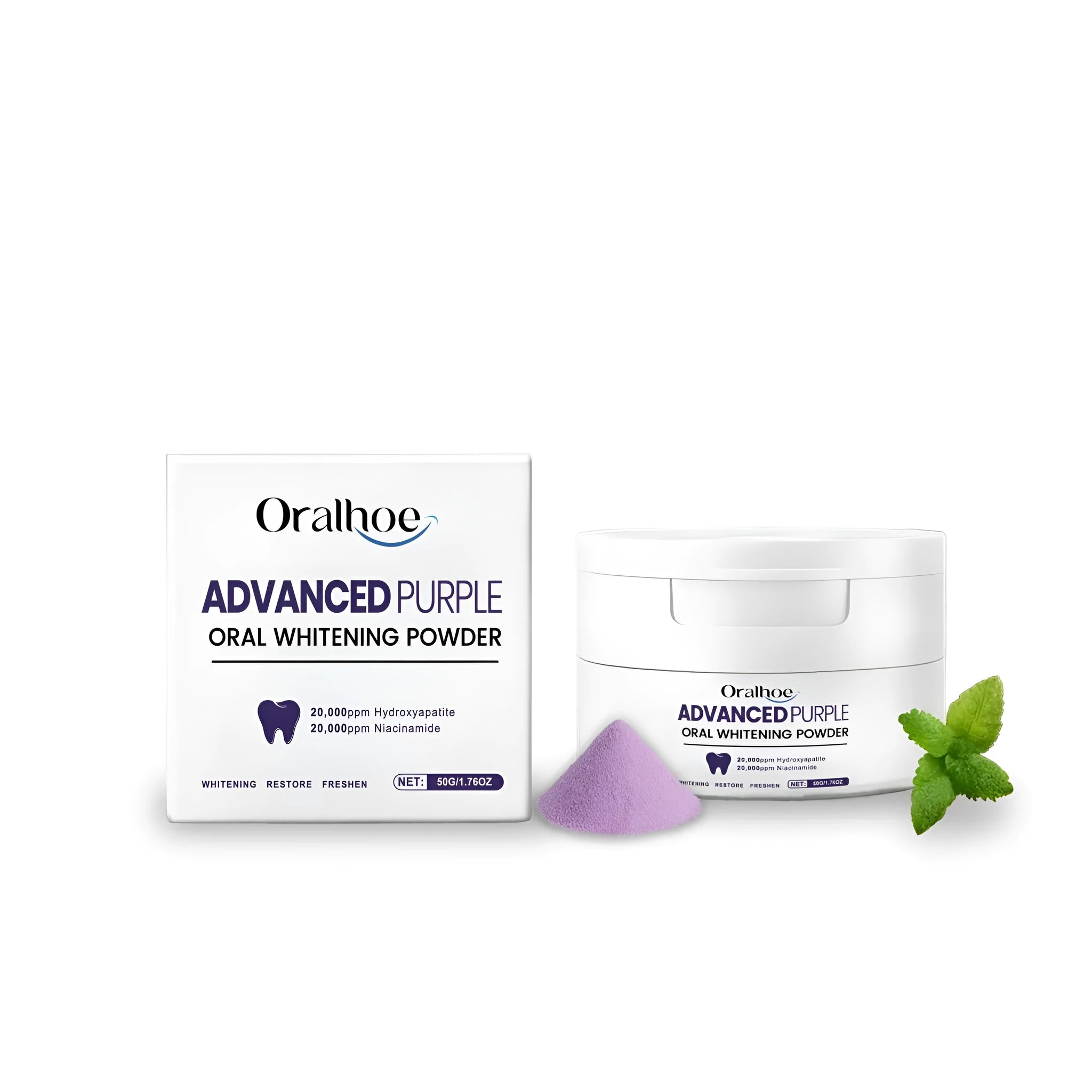 50g pack of hydroxyapatite tooth powder with sodium bicarbonate and natural mint