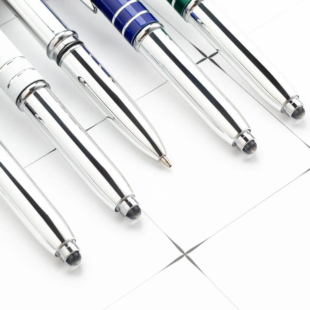 Multifunctional metal capacitive stylus and LED light ballpoint pen in red, black, white, green, or blue