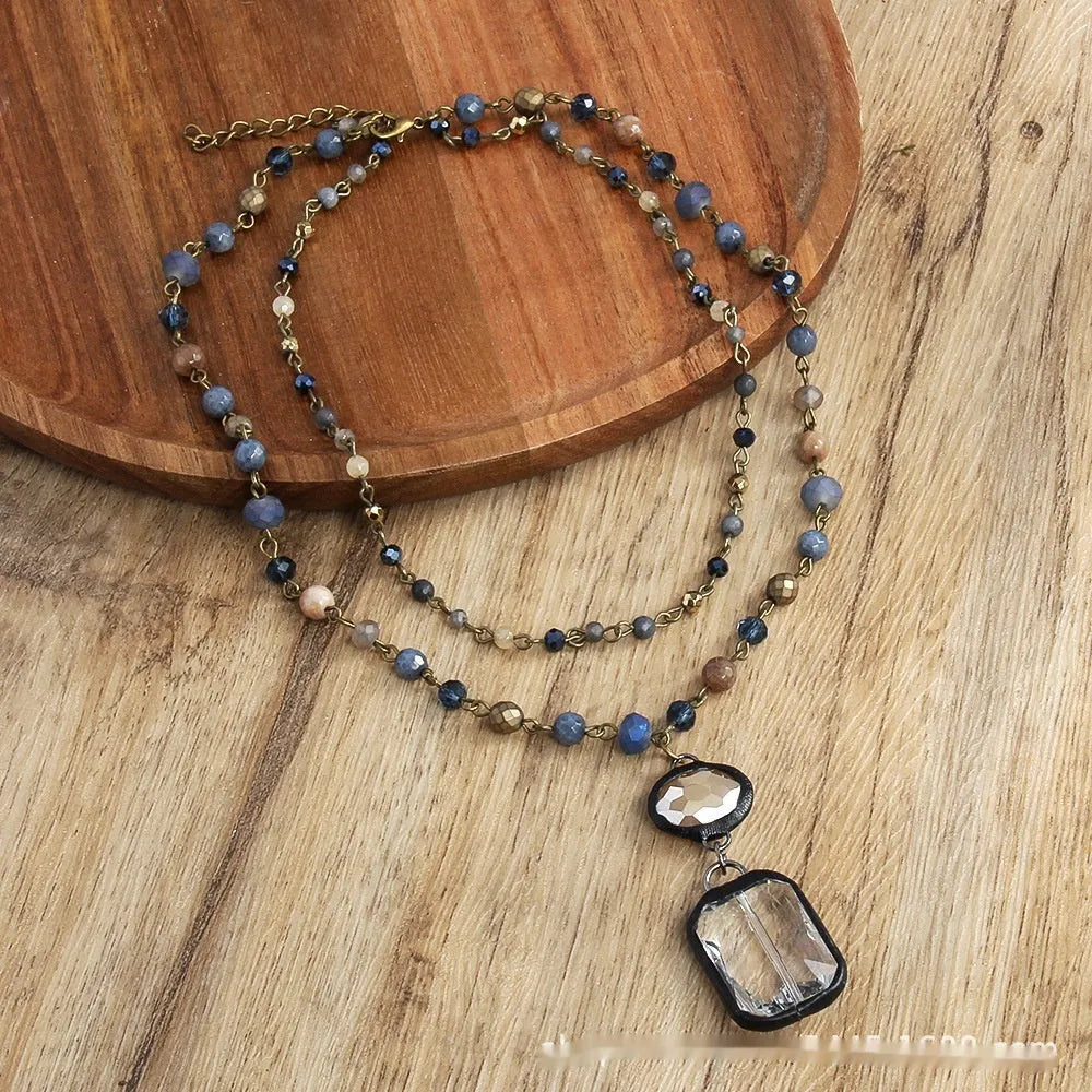 Tribal style necklace with two-layer stone and glass pendant on adjustable alloy chain
