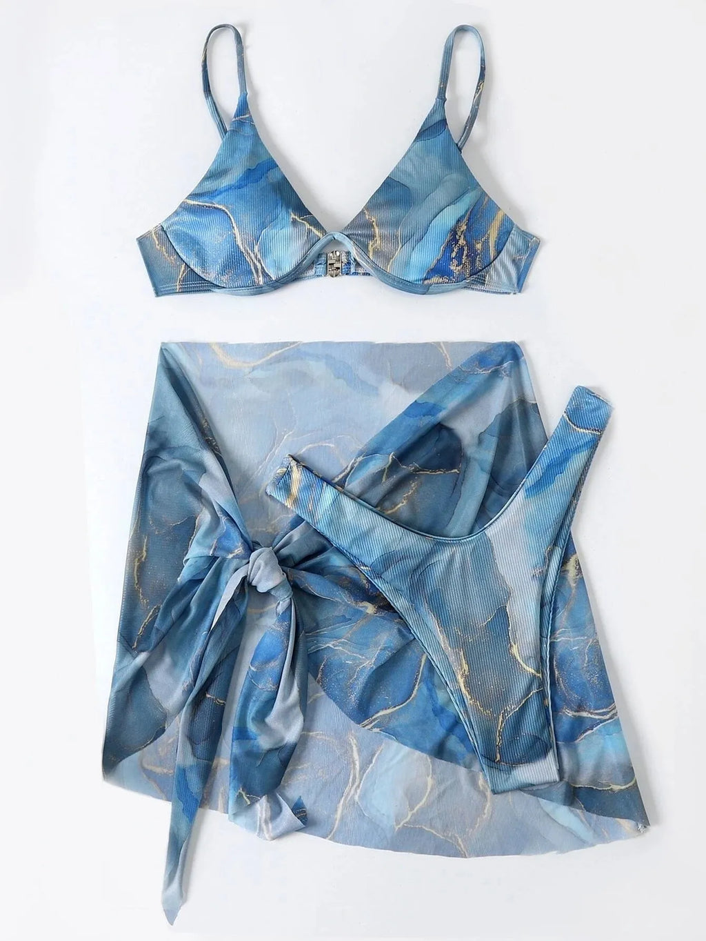 Marble printed three-piece bikini swimwear set with skirt, bra and panties in multiple colours