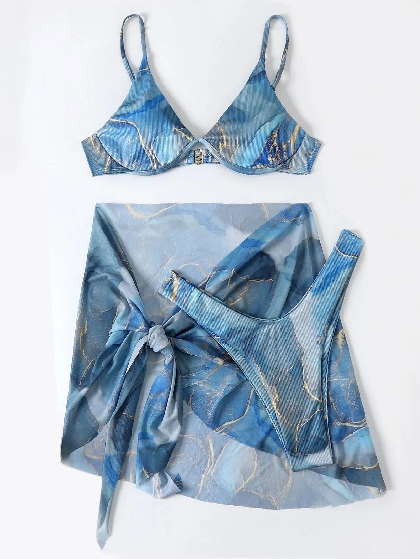 Marble printed three-piece bikini swimwear set with skirt, bra and panties in multiple colours