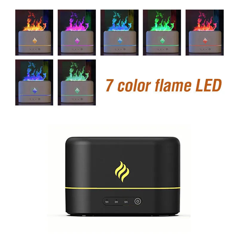 Black USB-powered aromatherapy humidifier with seven-colour simulated flame effect on a desk.