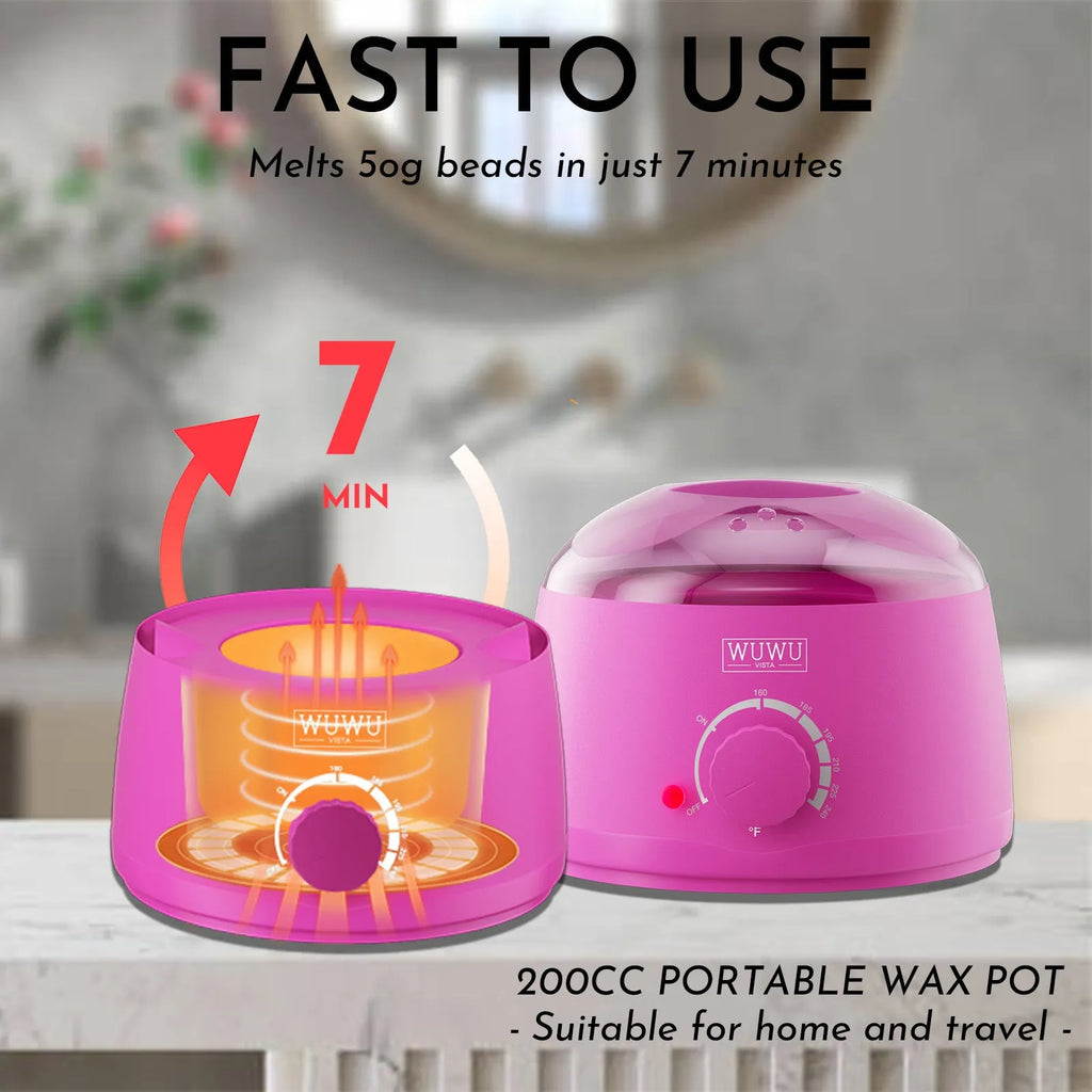 WUWUVISTA 63-piece waxing kit with black wax warmer, wax beads, lotion, and applicator sticks