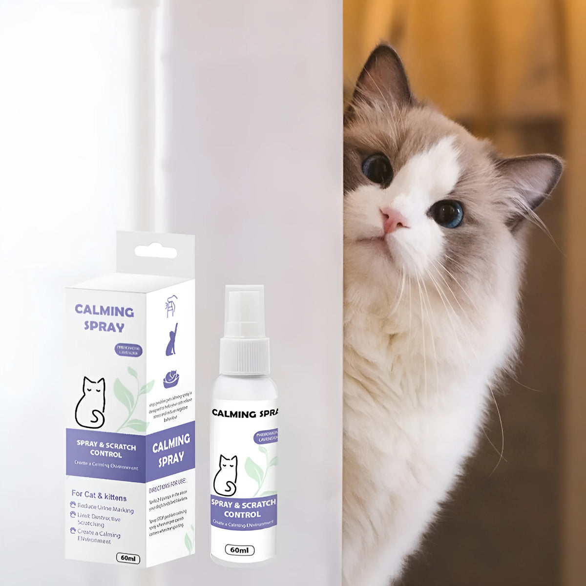 Purple 60ml pet calming spray bottle with organic oil formula for cats and dogs, TPR material