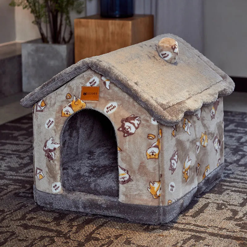 Foldable pet bed with plush fur, enclosed cave shape, removable nest, and durable bottom, in grey star or navy blue carrot.