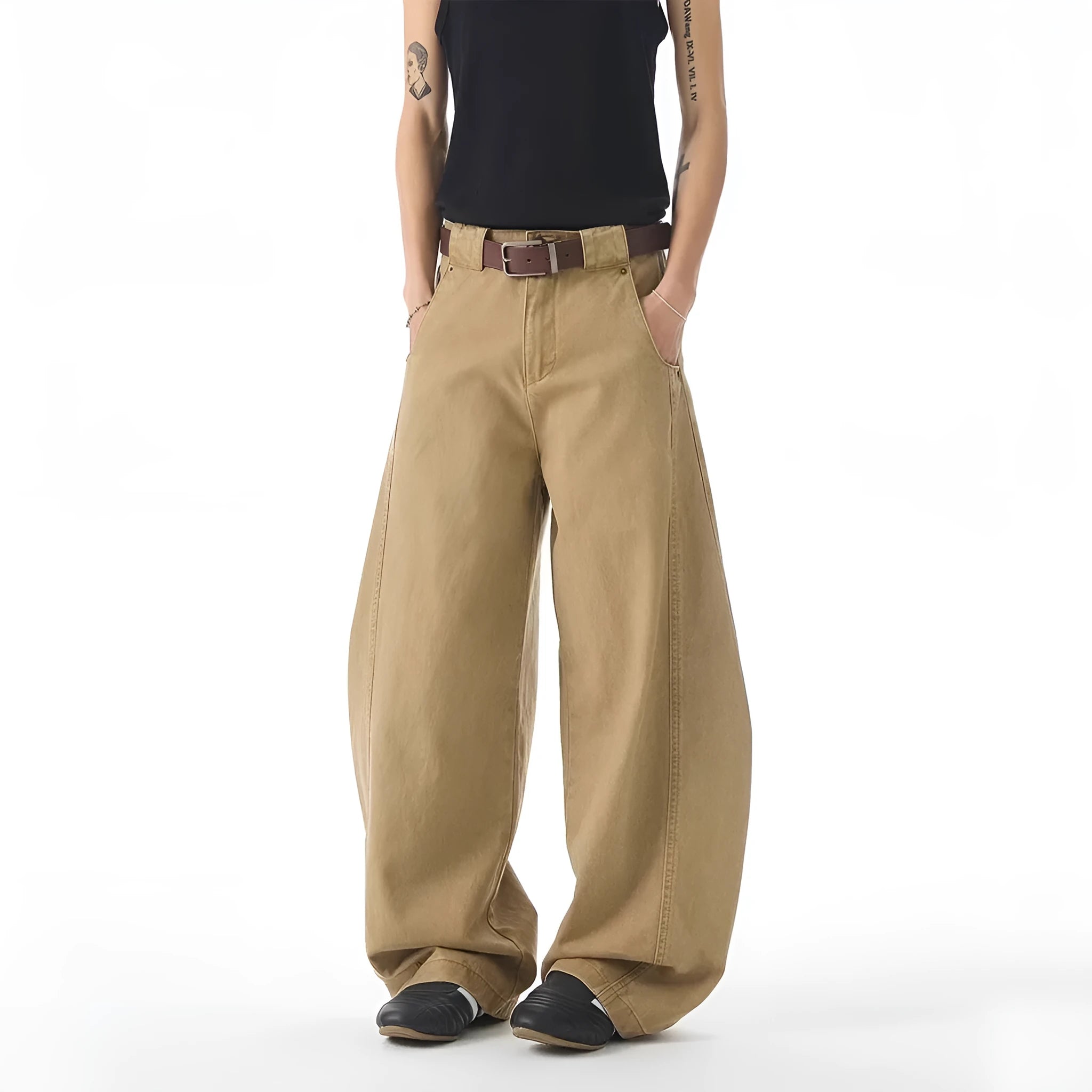 Brown Korean style straight leg men's jeans with mid waist and cardigan button flight opening