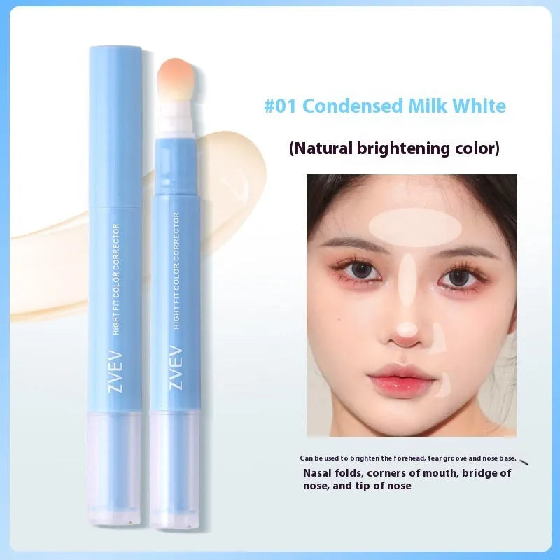 Concealer cream tube with sponge brush head applicator showing three colour shades