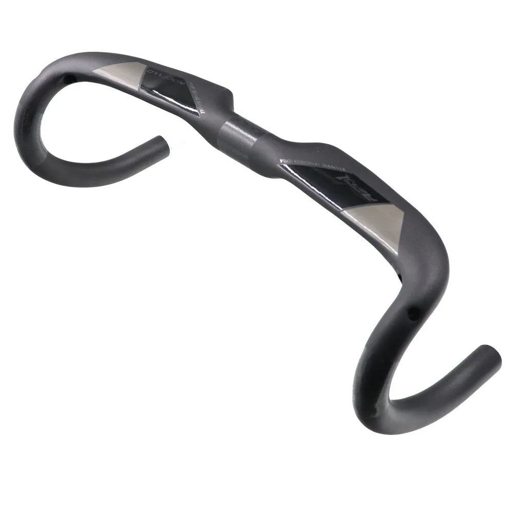 Matt black carbon fibre road bike handlebar with shallow drop, shown from a top-down angle.