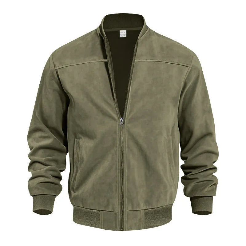 Men's plus size suede casual jacket with zipper closure in Army Green colour showing regular sleeve design
