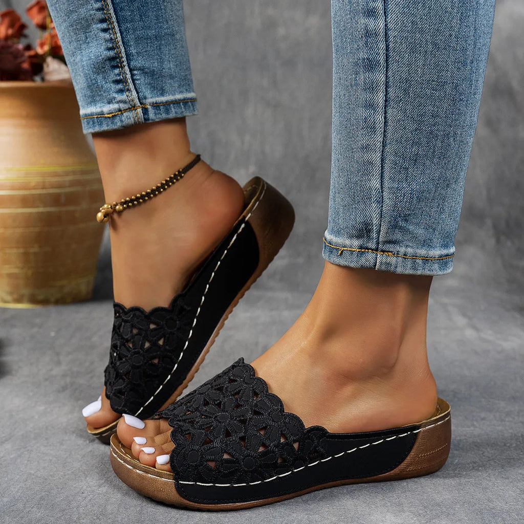 Women's black wedge beach slippers with flower cutout design and fish mouth toe