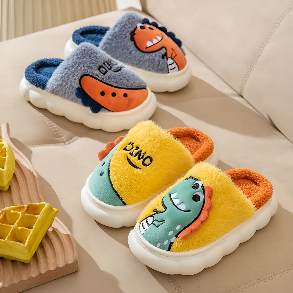 A pair of plush cotton dinosaur-design slippers for couples, shown in grey, coffee, and orange yellow colour options.