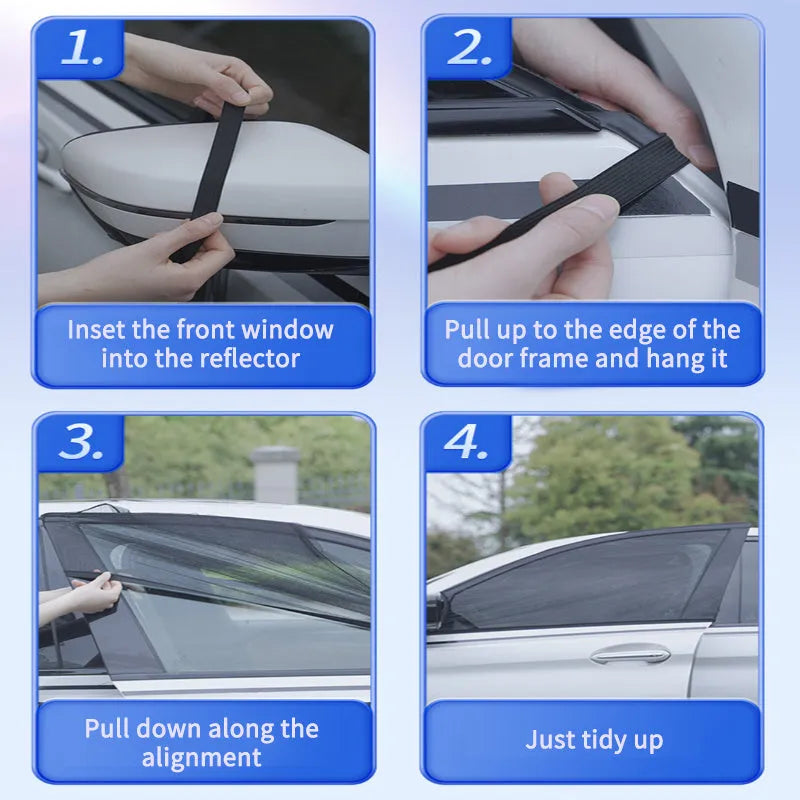 Stretchy non-woven mesh car side window sunshade installed on a vehicle door