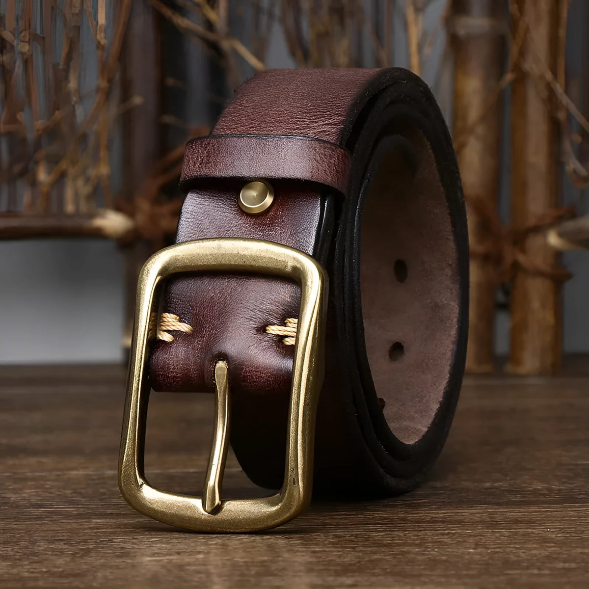 Men's cowhide vintage distressed pleated belt with copper buckle, 3.8cm wide, black brown khaki reddish brown