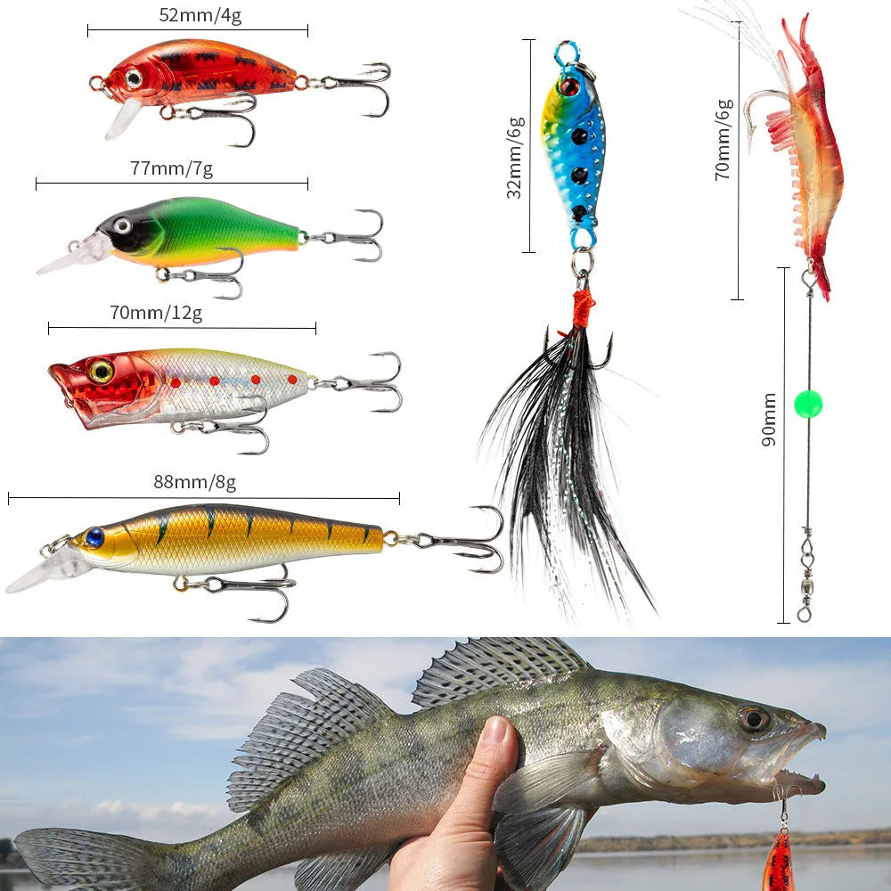 24 assorted metal Mino Bog fishing lures with hooks, arranged in rows, showing different colours and patterns.