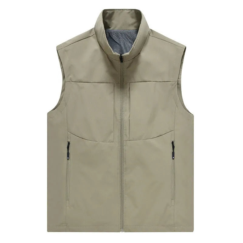 Men's loose fit stand collar cardigan vest in khaki colour with zipper pockets.