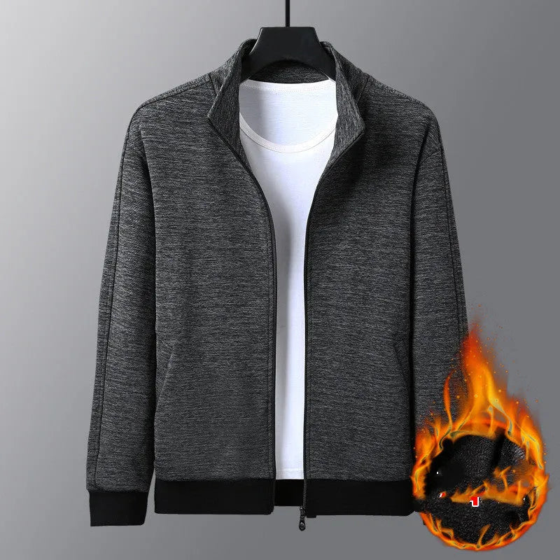Man wearing a grey athletic-fit casual jacket with a stand-up collar and front zip.