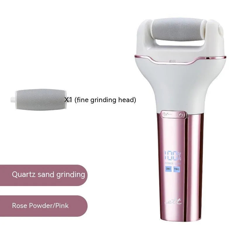Electric foot grinder with digital display and waterproof body, 173x80x30mm, Rose Pink or Dark Blue, USB powered.