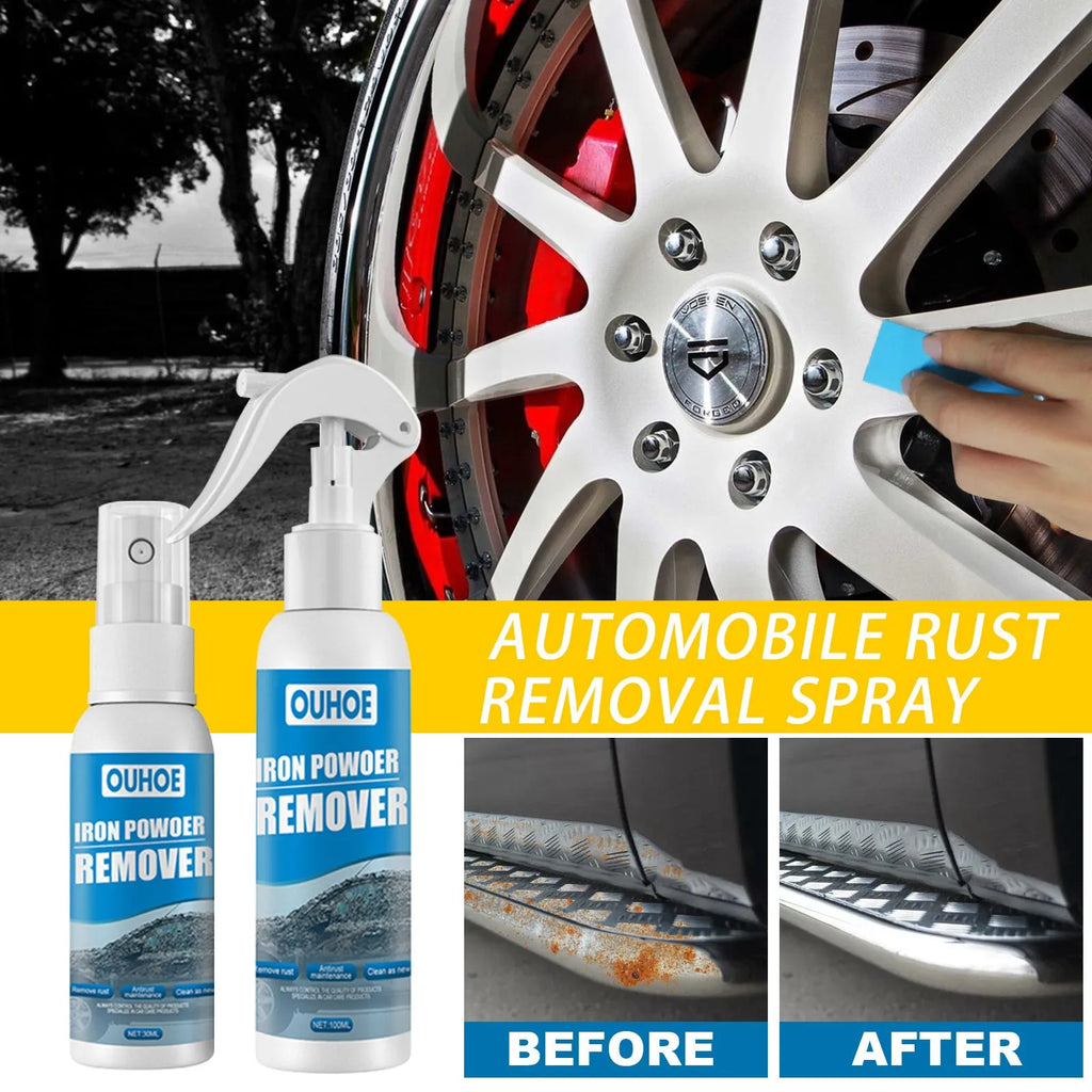 Automotive iron powder rust remover spray bottle with blue square sponge for vehicle metal surface treatment