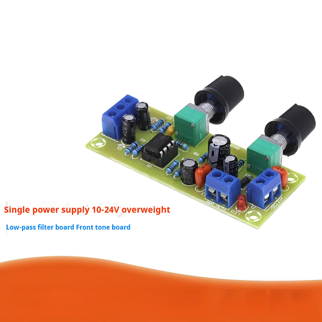 Single power supply 10-24V front stage audio board with bass boost, FR-4 PCB measuring 78x32mm