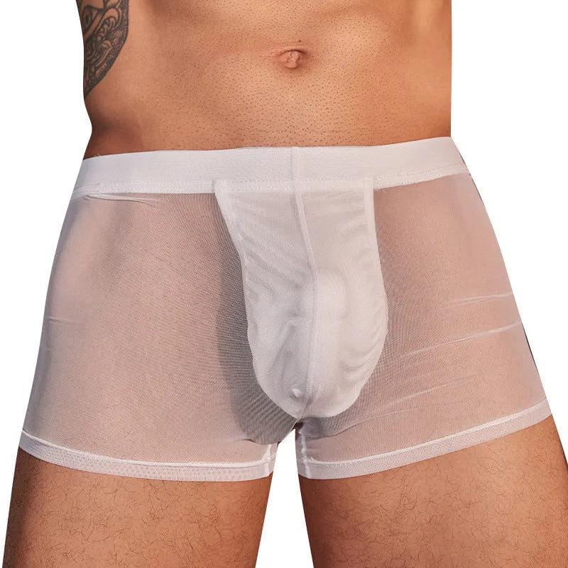 A pair of men's black ultra-thin nylon boxer briefs laid flat, showing free-size fit.