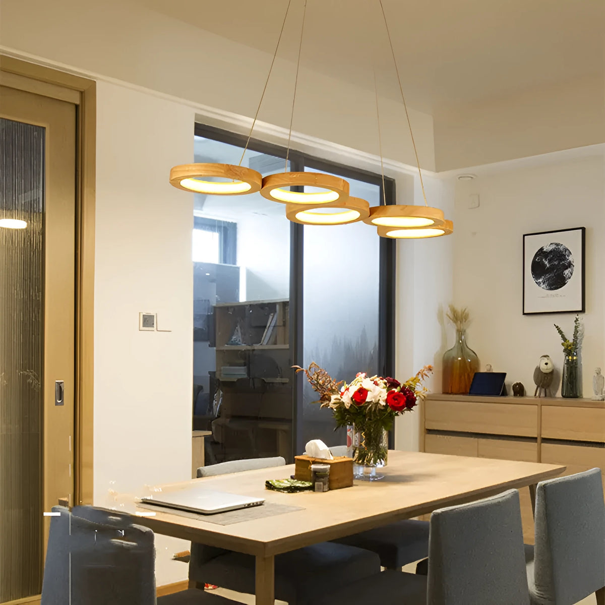 Solid wood LED pendant light, round wooden chandelier in 4 or 5 head options, 220V
