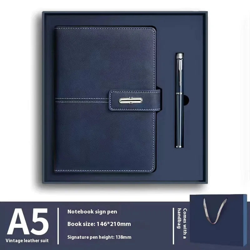 A5 notebook with PU leather cover in choice of colour, shown open on wood-free paper pages.