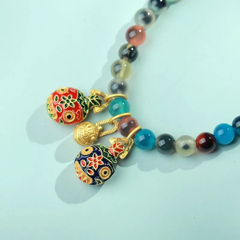 Women's natural agate bracelet with colourful sugar heart glaze and copper coin snake chain in symbolic designs