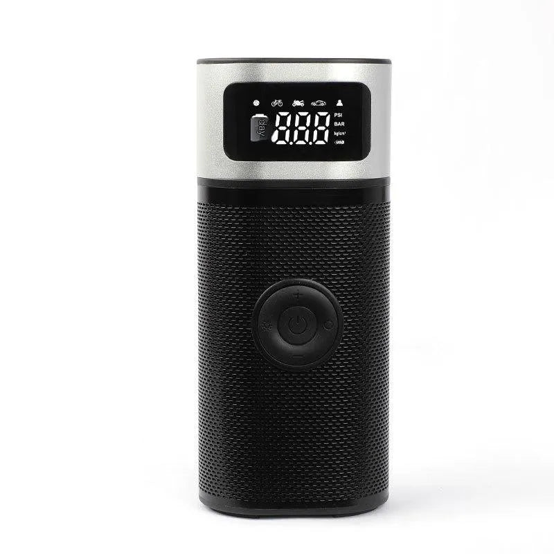 Black portable wireless air pump with 15cm tube, multiple nozzles and USB charging cable