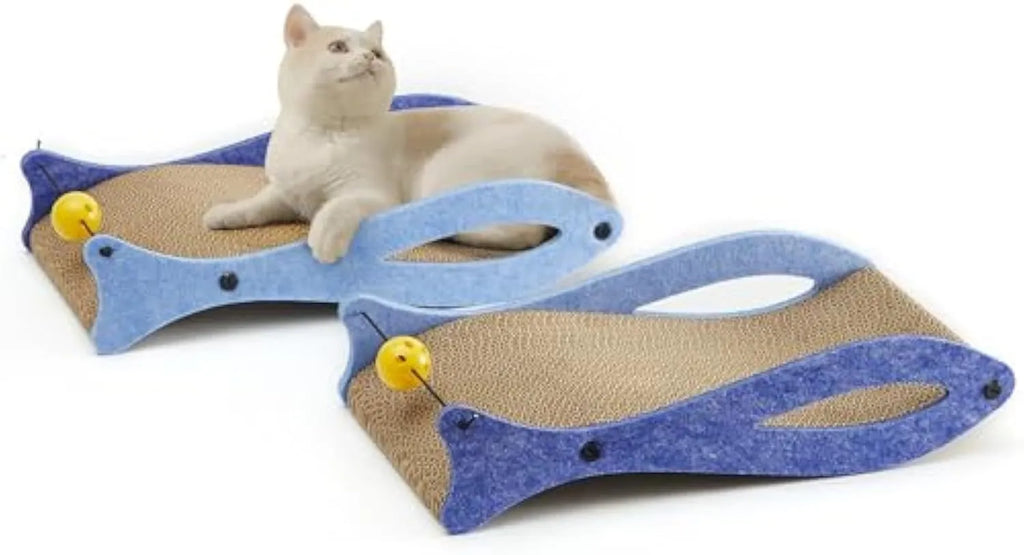 Blue fish-shaped cardboard cat scratcher with attached bell ball toy