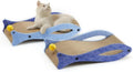Blue fish-shaped cardboard cat scratcher with attached bell ball toy