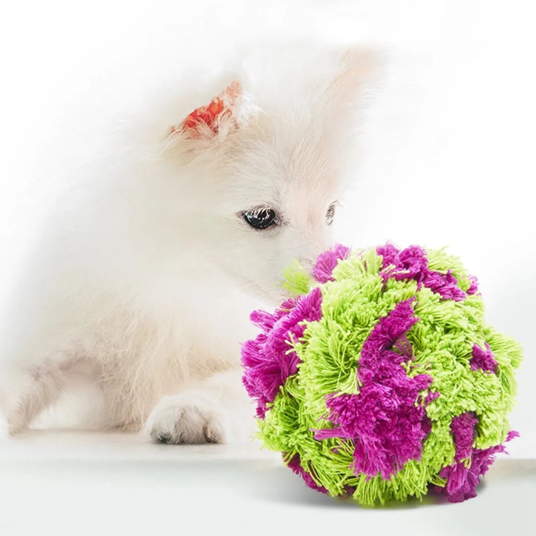 Purple plush dog teething ball measuring 15cm diameter for interactive play