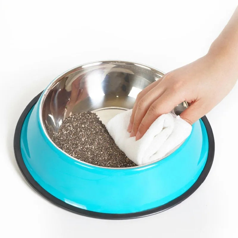 Stainless steel pet bowl with colourful melamine exterior and non-slip rubber base